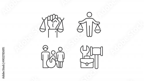 Human rights authority line animation set. Supporting freedoms and equality in society animated icons. Democracy core values. Outline elements on white background. HD video with alpha channel