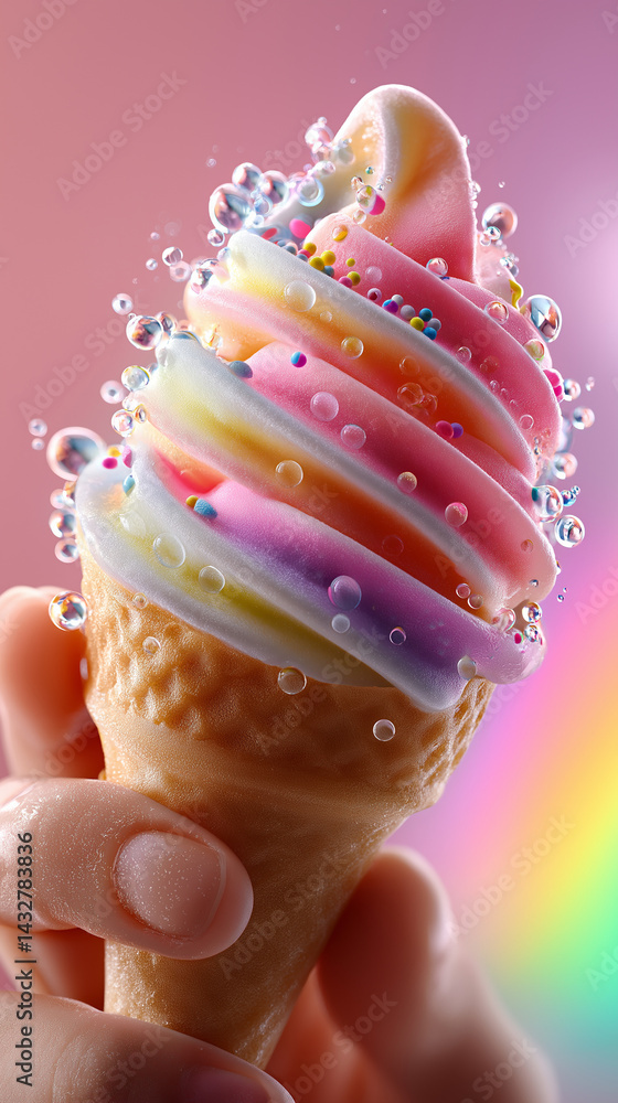 Bunte Eiscreme im Waffelbecher mit tropfendem Wasser vor pastellfarbenem Hintergrund