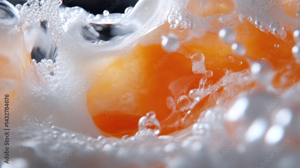 Fototapeta premium Egg yolk splashing into frothy egg white, creating a dynamic, vibrant scene.