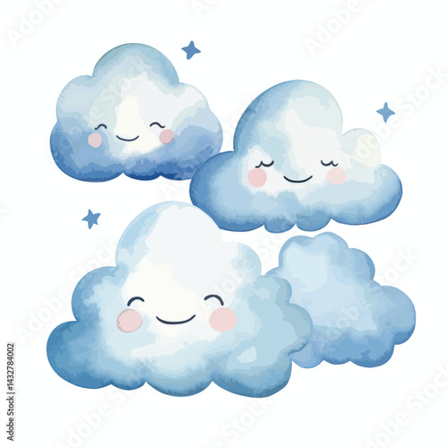 clear blue sky with fluffy white cloud cute watercolors illustration on white background