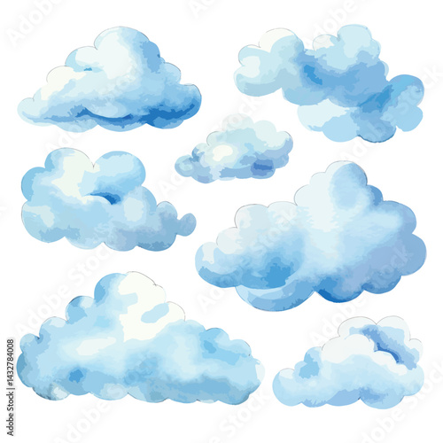 clear blue sky with fluffy white cloud cute watercolors illustration on white background
