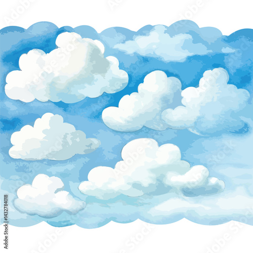clear blue sky with fluffy white cloud cute watercolors illustration on white background