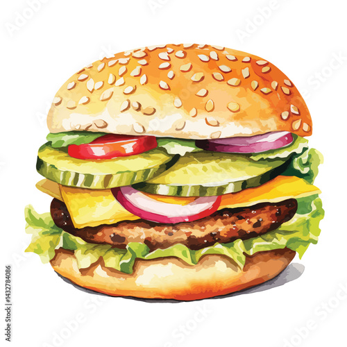 close up of a hamburger with caramelize cute watercolors illustration on white background