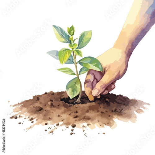 close up of a hand planting a seedling cute watercolors illustration on white background