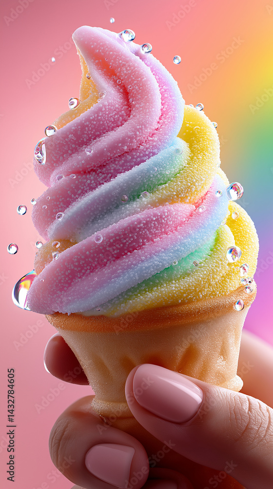 Bunte Eiscreme im Waffelbecher mit tropfendem Wasser vor pastellfarbenem Hintergrund