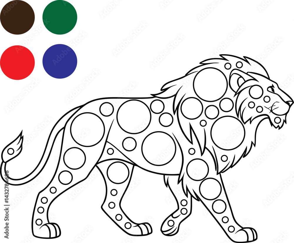 Fototapeta premium The image shows a black and white line drawing of a lion