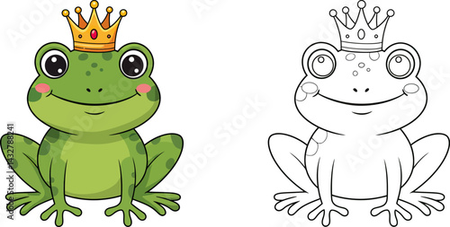 Frog King Illustration: An illustration of a cute frog wearing a golden crown, ready to be colored or used as a vibrant digital graphic.