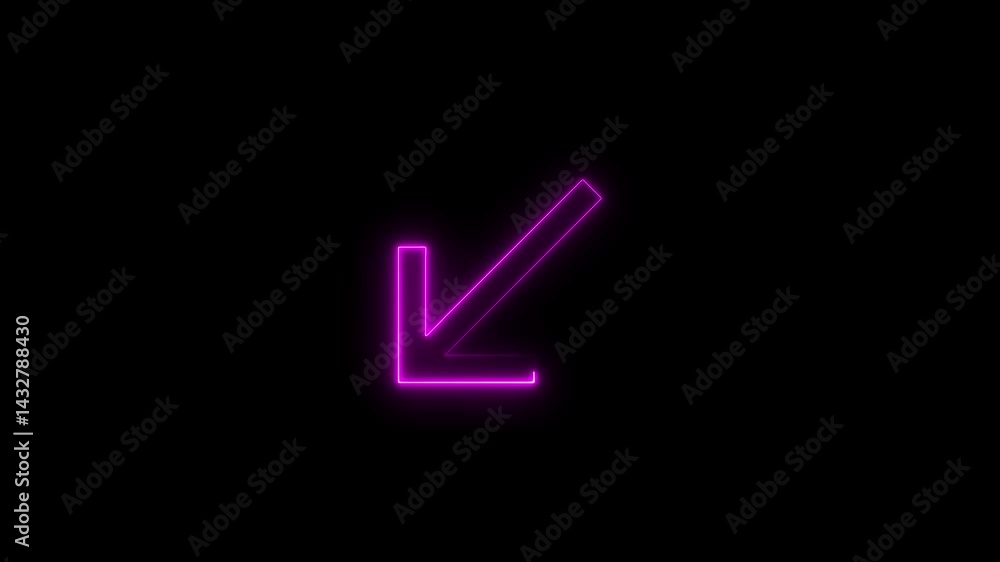 Glowing purple neon arrow pointing down left on black background animation Glowing purple neon arrow pointing down left on black background animation