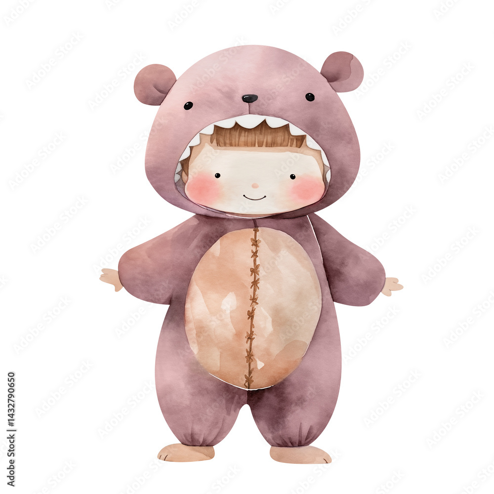 Naklejka premium Happy little child in bear costume, cute watercolor illustration. Character in simple standing pose. Isolated clipart with clear even edge on transparent background
