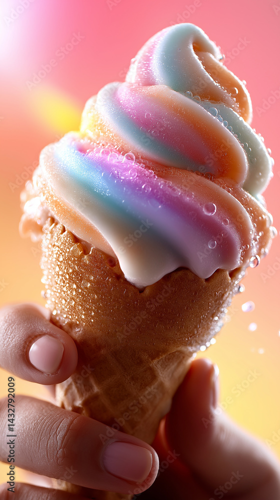 Bunte Eiscreme im Waffelbecher mit tropfendem Wasser vor pastellfarbenem Hintergrund