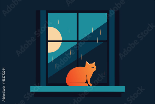 cat curled on windowsill watching downpour .eps
