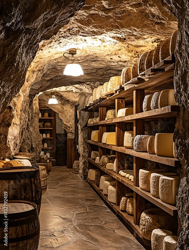 The cheese cave maturation features artisanal cheeses aging on wooden shelves within natural stone walls, providing optimal humidity and temperature for flavor enhancement.