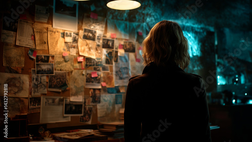 A woman with shoulder-length blonde hair stands with her back to the viewer, looking at a cluttered investigation board covered in photos, maps, and notes, illuminated by a warm overhead light in a di