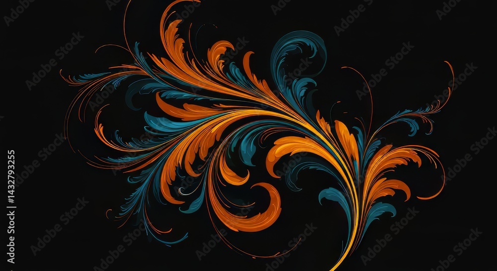 Ornate Swirl Design with Orange and Teal Leaves on Black Background Ornate Swirl Design with Orange and Teal Leaves on Black Background