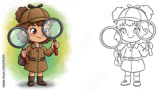 Little Detective with Magnifying Glass: This captivating illustration showcases a young girl, a budding detective, donning a classic trench coat and cap.