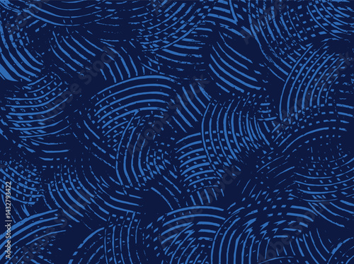 Hand drawn brush line abstract curvy cross hatching pattern in monochromatic blue, Japanese and ethnic wood carving, engraving texture background, simple graphic for textile, carpet