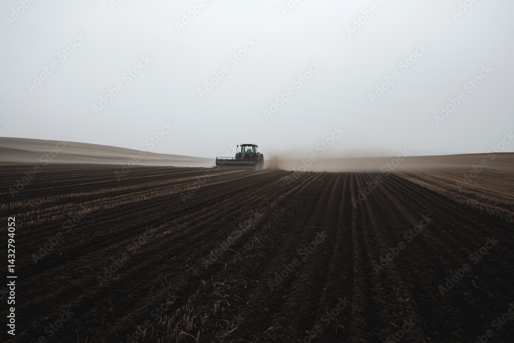 Naklejka premium Agricultural machinery tractor plows field land