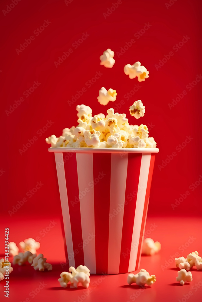 Striped popcorn bucket with popcorn on red background. Striped popcorn bucket with popcorn on red background.