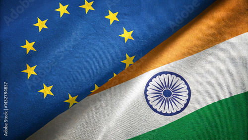 The textured flags of the European Union, known for its blue field and yellow stars, and India, recognized by its saffron, white, and green, are depicted in an overlapping manner