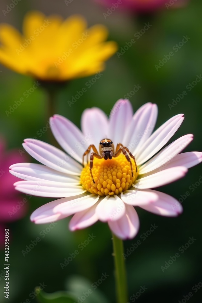 Close-up of yellow spider resting on vibrant daisy flower in garden, nature, garden Close-up of yellow spider resting on vibrant daisy flower in garden, nature, garden
