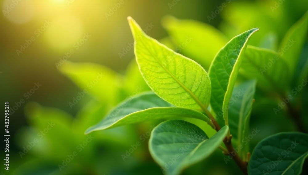 Fototapeta premium Close-up of young tea tree leaves glowing in sunlight, fresh, health
