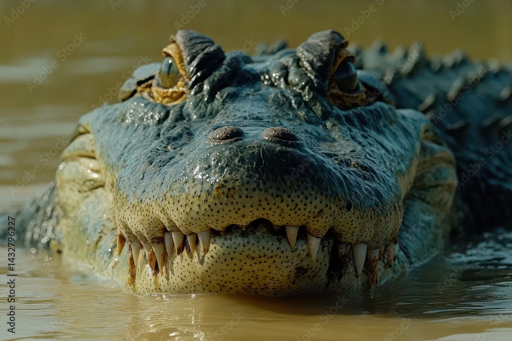 Obraz premium Alligator shows teeth while swimming in murky river water. Use for wildlife, danger, or swamp themed projects.