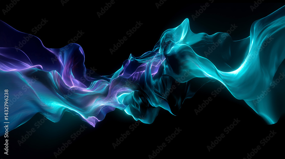 Abstract image of flowing, teal and purple fabric against black background, suggesting movement, energy, and fluidity, ideal for design concepts Abstract image of flowing, teal and purple fabric against black background, suggesting movement, energy, and fluidity, ideal for design concepts