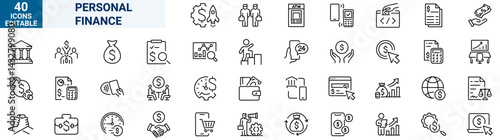 Personal finance web line icons collection. cash, saving, financial goal, profit. Editable stroke. Vector illustration