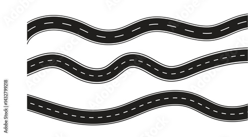 Wavy winding curves roads and horizontal path. Horizontal asphalt road template. Flat vector illustration isolated on transparent background.