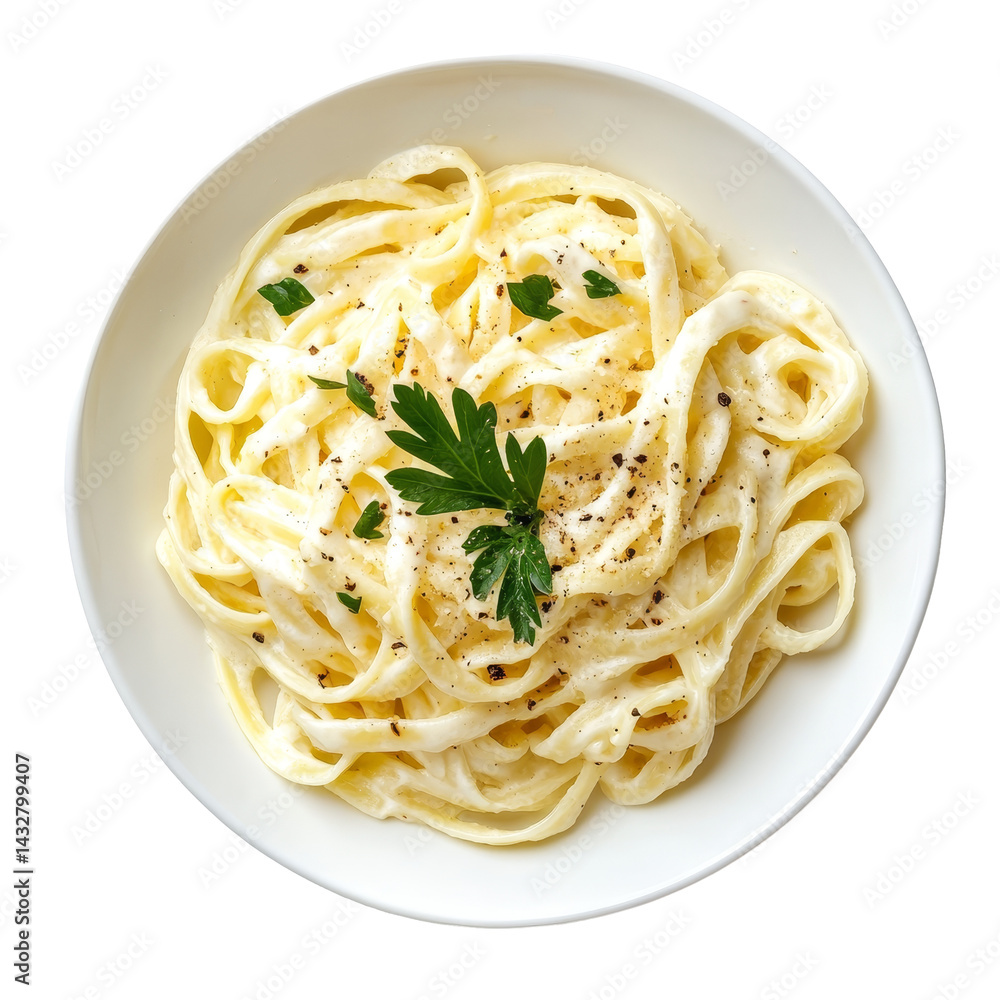 Delicious bowl of fettuccini alfredo garnished with parsley viewed from above, a bowl of fettucini alfredo with garnish, top view, isolated transparent background Delicious bowl of fettuccini alfredo garnished with parsley viewed from above, a bowl of fettucini alfredo with garnish, top view, isolated transparent background