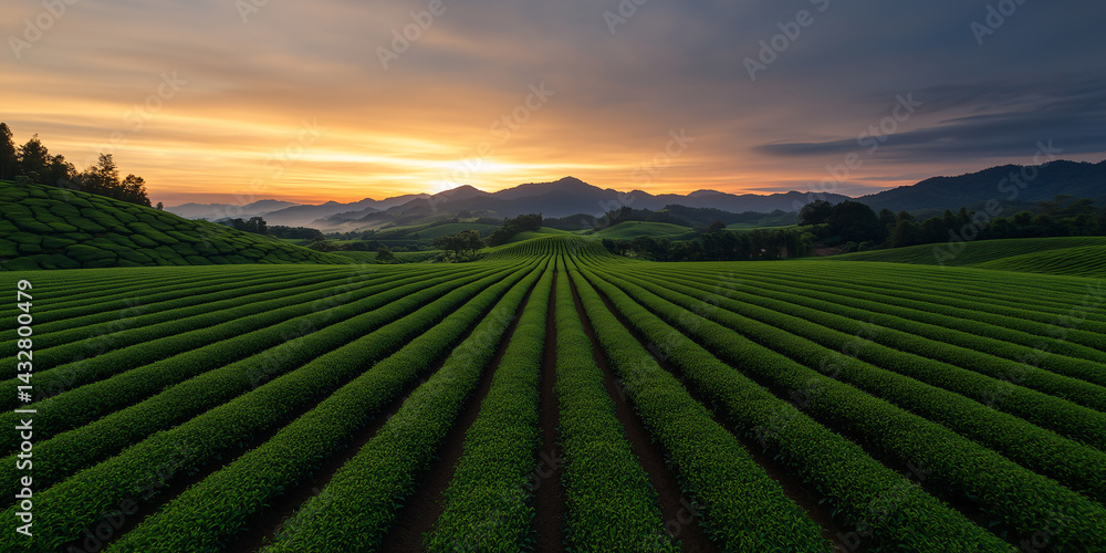 A serene tea field bathed in soft morning light, with neatly manicured rows of tea plants A serene tea field bathed in soft morning light, with neatly manicured rows of tea plants