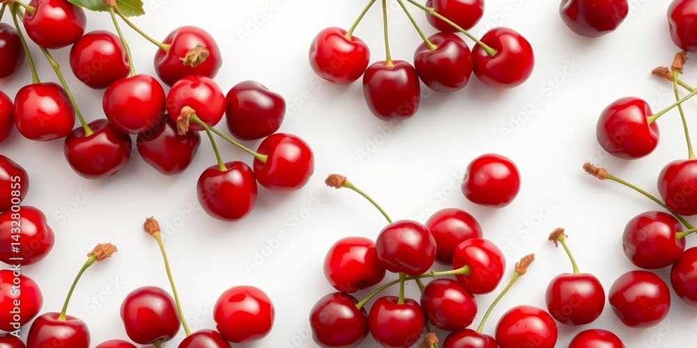 Cluster of ripe red cherries on pristine white background, background, bunch Cluster of ripe red cherries on pristine white background, background, bunch