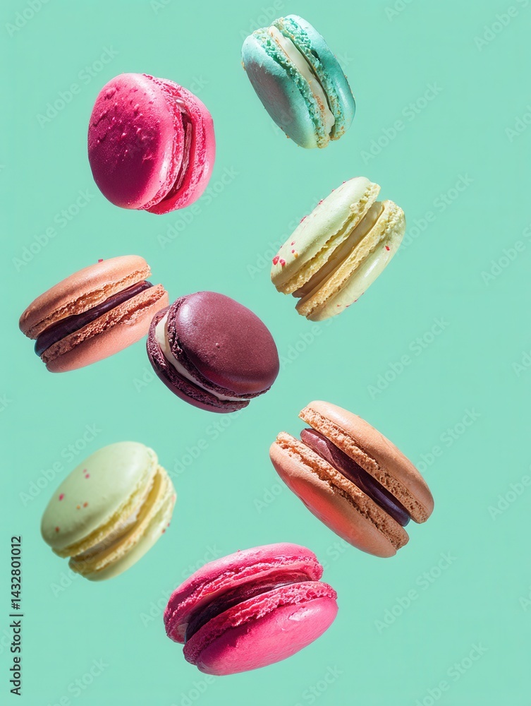 Colorful macarons floating in a vibrant composition against a light green background creating a delightful and visually appealing confectionery scene perfect for dessert lovers Colorful macarons floating in a vibrant composition against a light green background creating a delightful and visually appealing confectionery scene perfect for dessert lovers