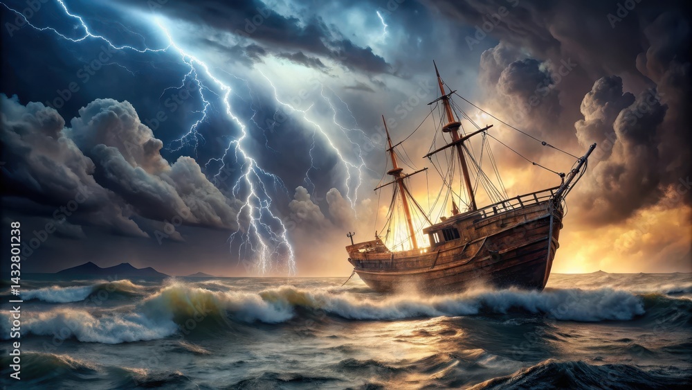 Old wooden ship battered by heavy thunderstorm with waves crashing against the hull and lightning illuminating the dark sky, stormy weather, wreck Old wooden ship battered by heavy thunderstorm with waves crashing against the hull and lightning illuminating the dark sky, stormy weather, wreck