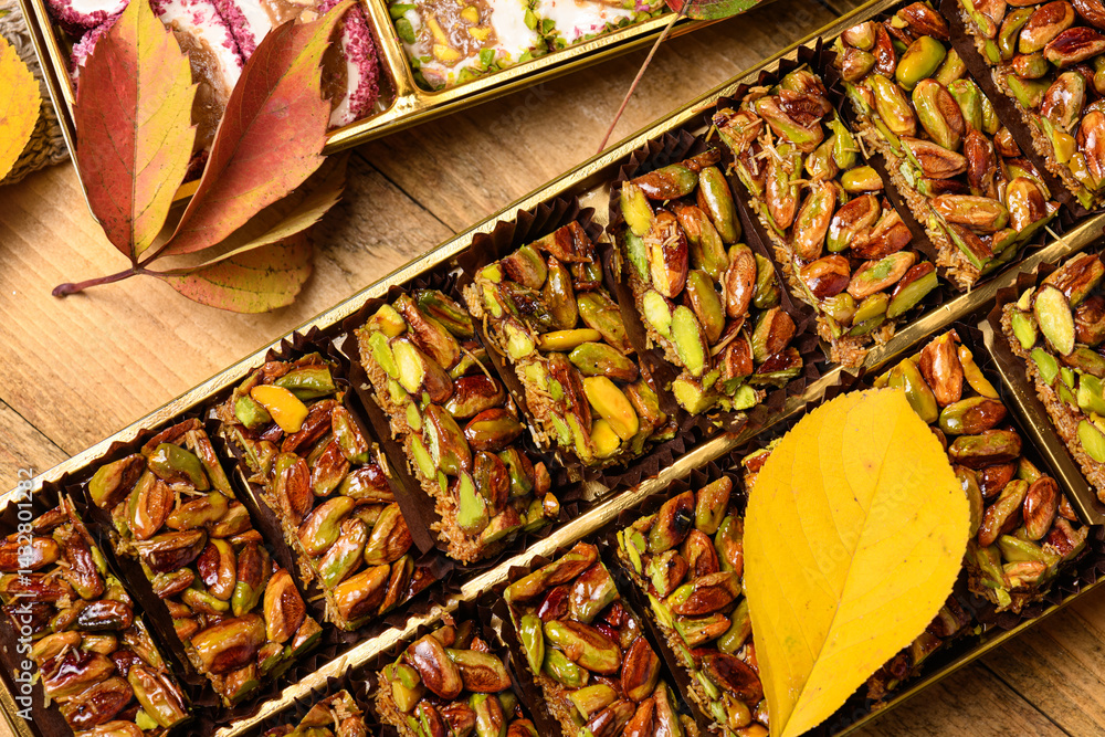 Sweet food Turkish delight on wooden background, assorted locum and pistachio candy for decorated backdrop