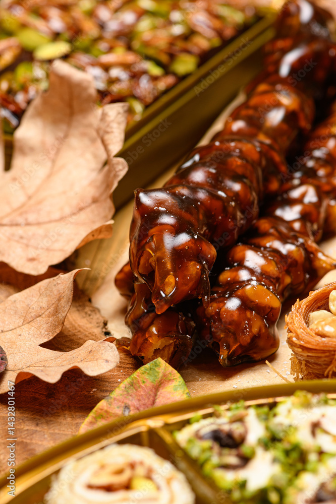 Sweet food Turkish delight on wooden background, assorted locum and candy for decorated backdrop