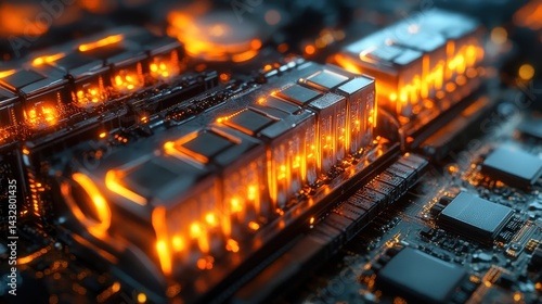 Macro shot of a computer motherboard with orange light accents on its components. Use for technology, computing, science, and digital innovation projects.