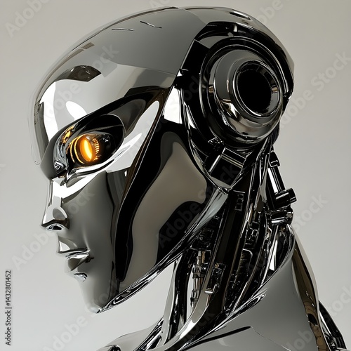 High-tech silver humanoid robot face profile on neutral background, representing artificial intelligence, robotics innovation, machine learning, and future technology