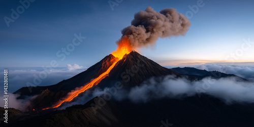 A powerful eruption of a volcano spewing molten lava into the sky, with ash clouds and fiery red lava