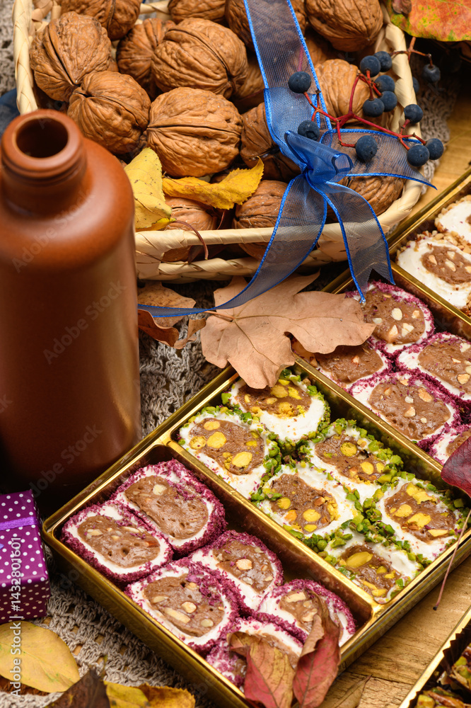 Sweet food Turkish delight on wooden background, assorted locum and candy for decorated backdrop