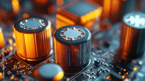 Close-up shows a circuit board with shiny capacitors and electronic components. Ideal for illustrating technology, engineering, or futuristic concepts in design.