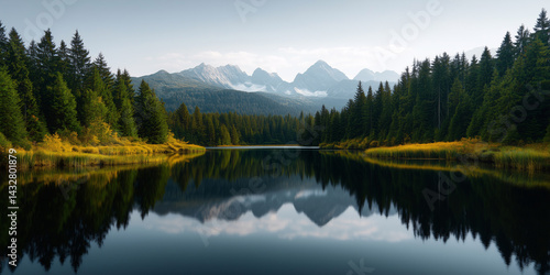 
A serene mountain lake reflecting the surrounding peaks and trees, with a calm, glassy surface and pristine water.
