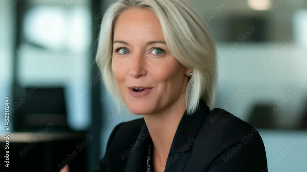 A woman is smiling in a business setting. She is wearing a black jacket and a necklace. The room has a modern design with a lot of windows A woman is smiling in a business setting. She is wearing a black jacket and a necklace. The room has a modern design with a lot of windows