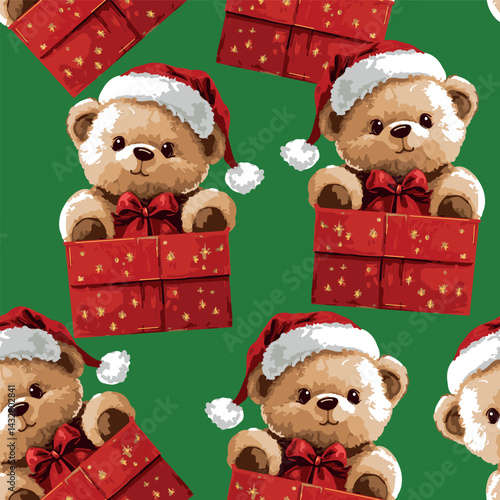 Christmas background Seamless pattern Hand Drawn teddy bear new year print design background vector textile for kids fashion