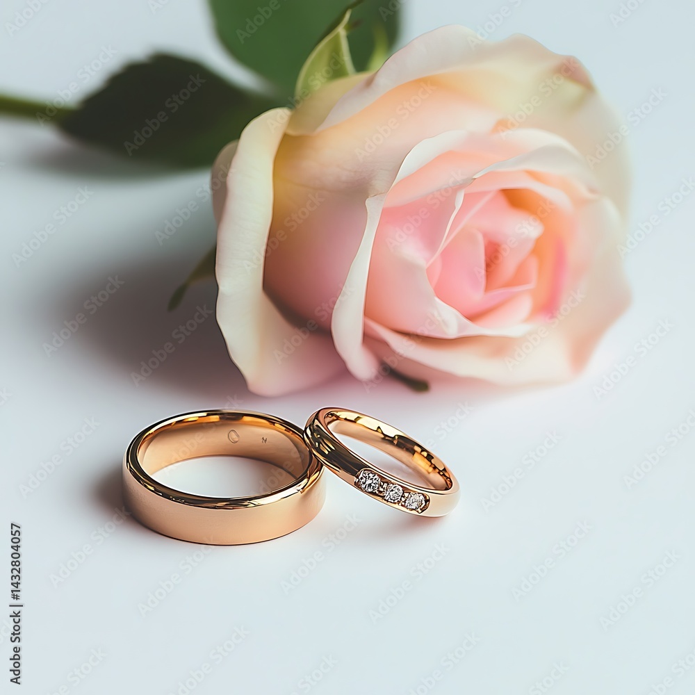 wedding rings and pink rose on white background, close up wedding rings and pink rose on white background, close up