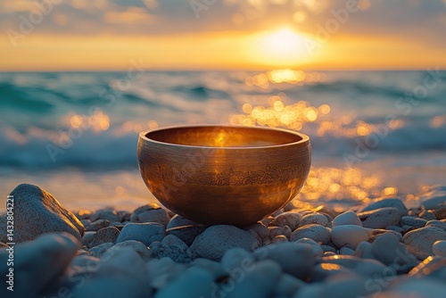 Golden sound bowl on a beach at sunset
