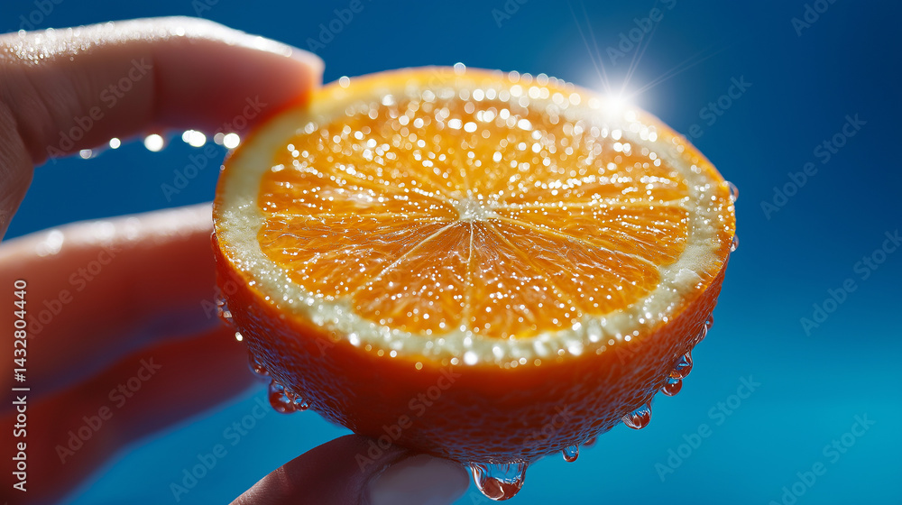 Nahaufnahme einer saftigen Orangenscheibe mit Wassertropfen vor blauem Hintergrund