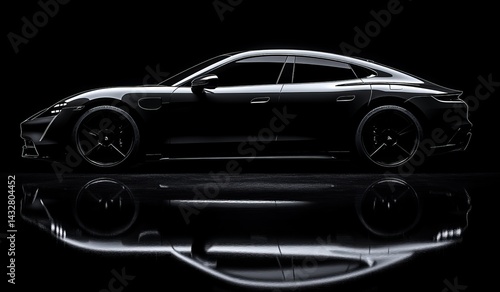 Sleek black electric car, profile view, reflected on a dark, glossy surface.