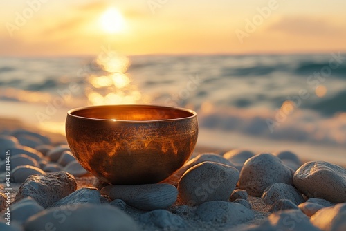 Golden sound bowl on beach at sunrise