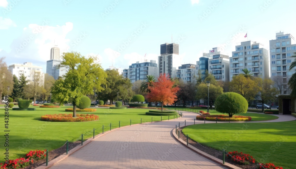 Urban park with pathway and buildings Urban park with pathway and buildings